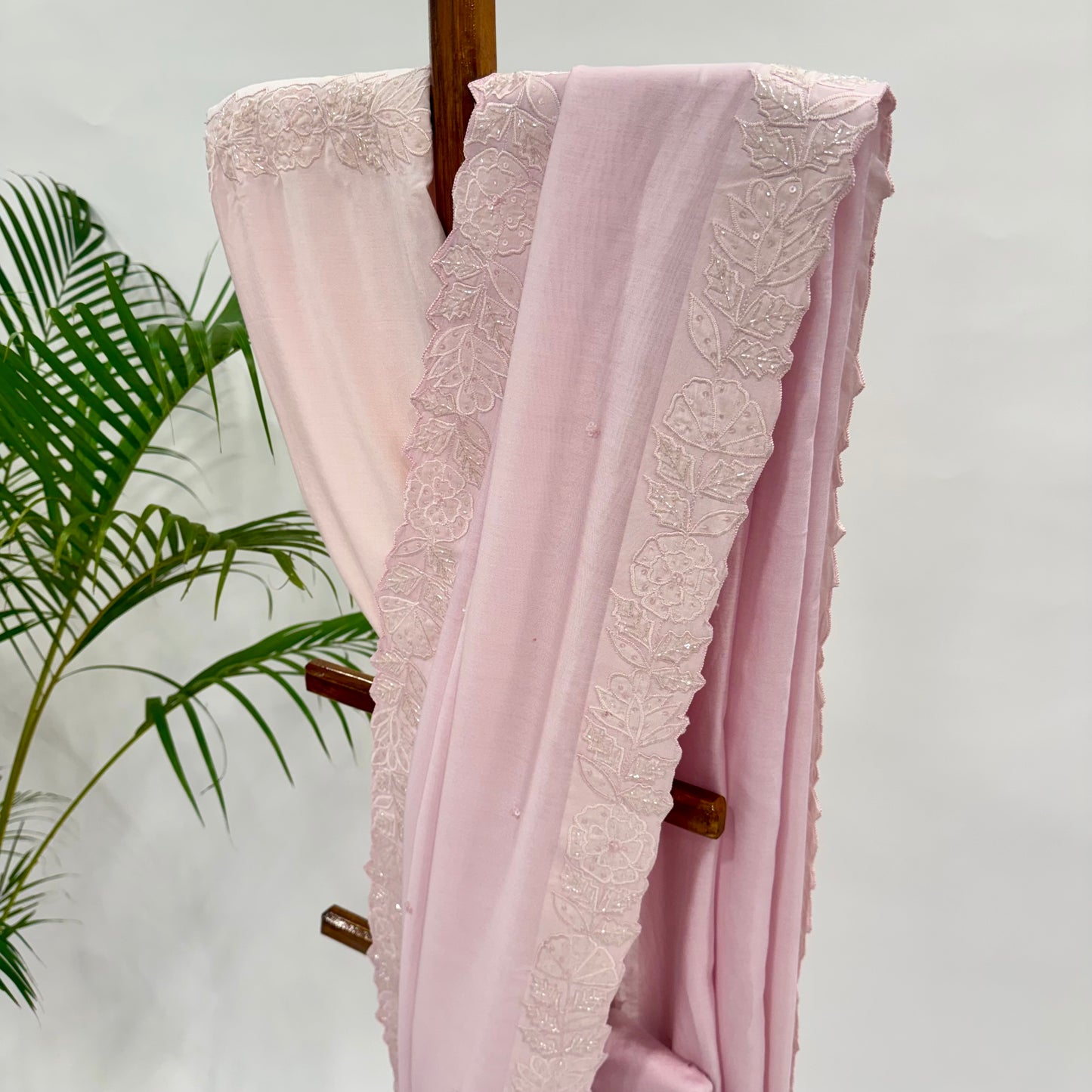 Soft Pink Applique Chanderi Silk Saree Set