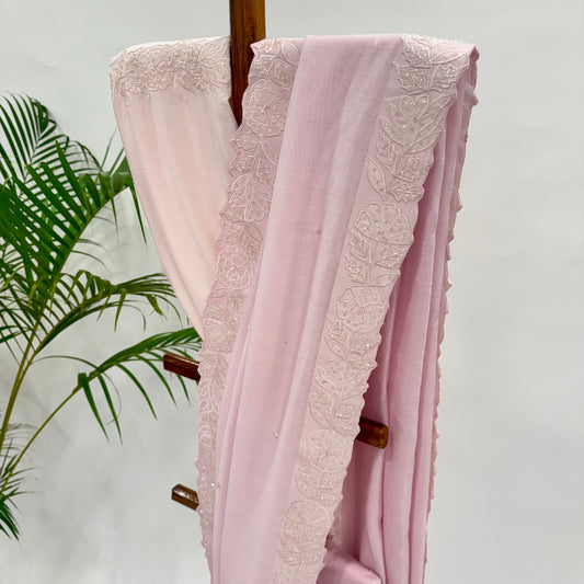 Soft Pink Applique Chanderi Silk Saree Set