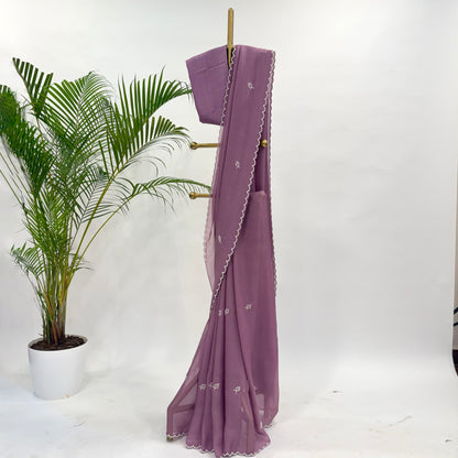 Mauve Leaf Pearl Motifs Falling Organza Saree
