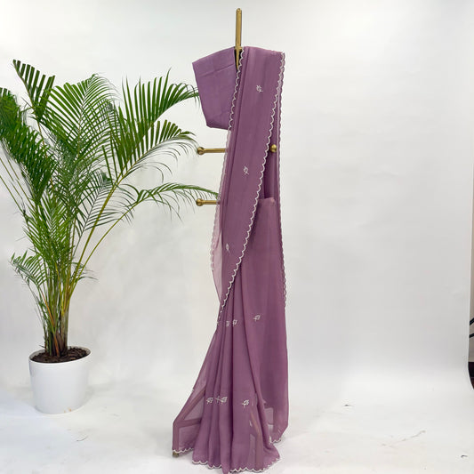 Mauve Leaf Pearl Motifs Falling Organza Saree