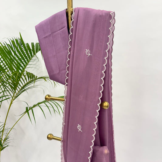 Mauve Leaf Pearl Motifs Falling Organza Saree