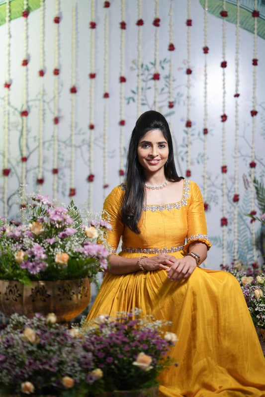 Mustard Yellow knot embroidery Anarkali set
