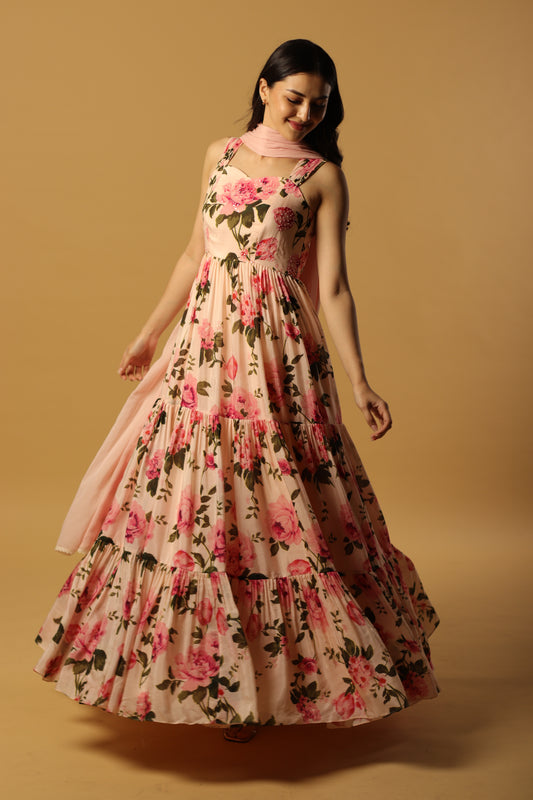 BLUSH FLOWER BUNCH GATHERS DRESS