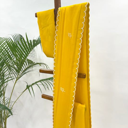 Yellow Leaf Pearl Motifs Falling Organza Saree
