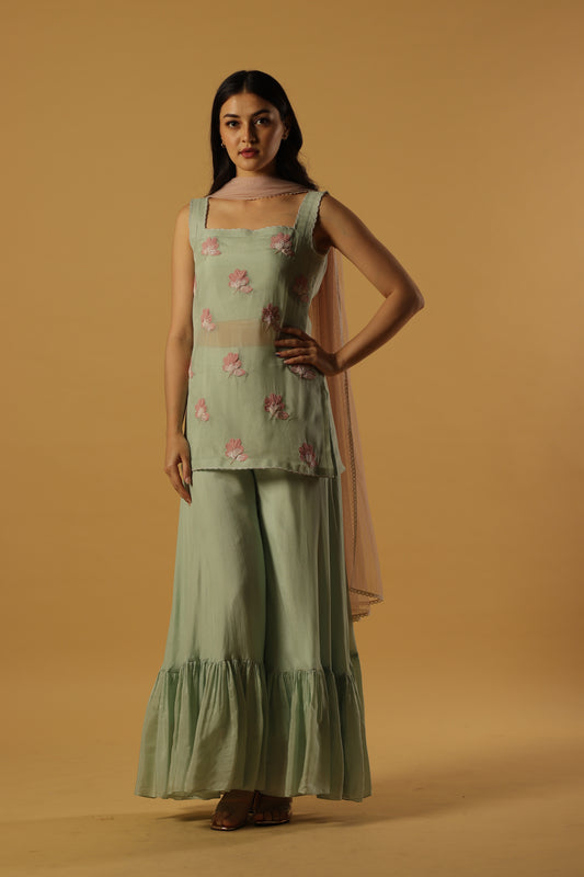 Seagreen Georgette flowers sharara set