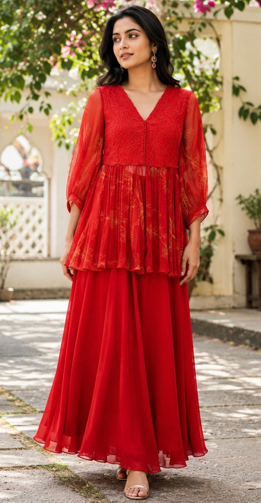 Red foliole peplum pants with applique embroidery