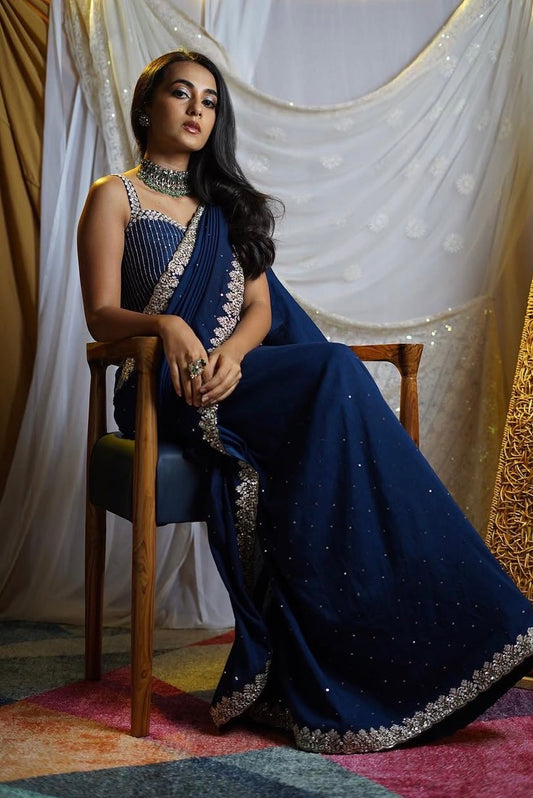 Midnight Blue Knot Embroidery Saree set