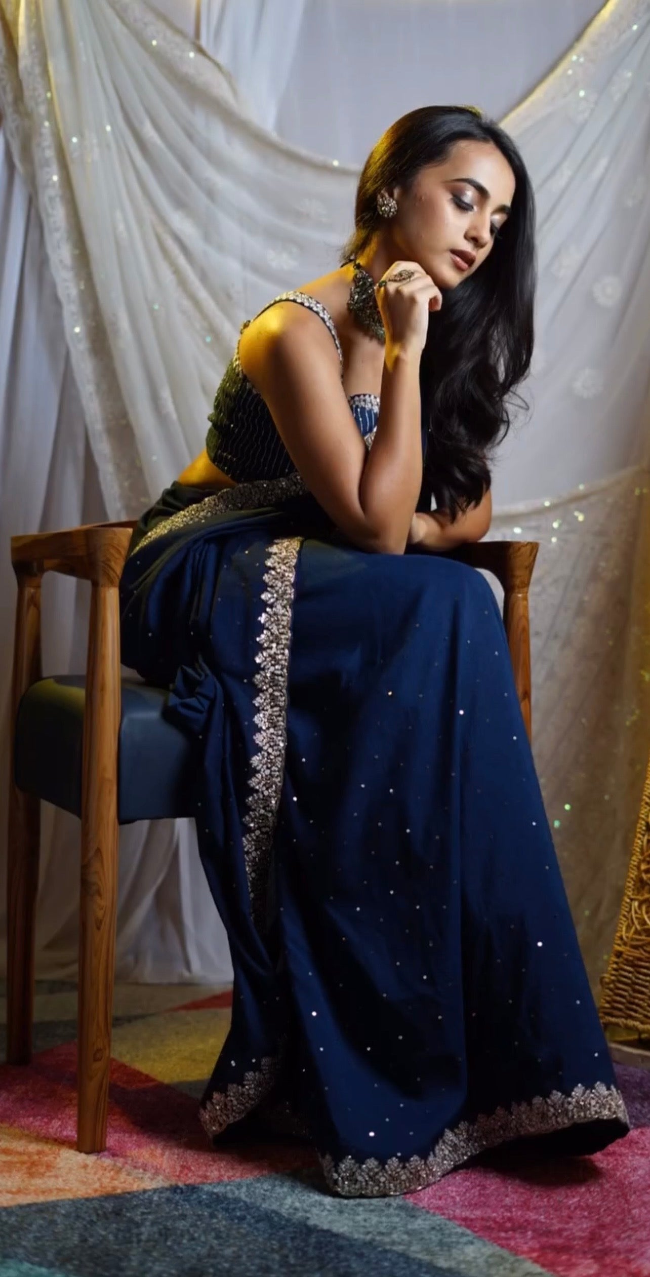 Midnight Blue Knot Embroidery Saree set