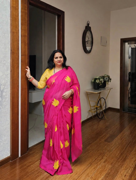Hot Pink VT Applique Motifs Saree Set