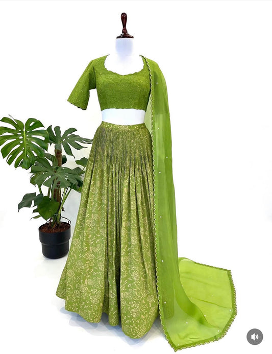 Leaf Green Kumri Skirt with Applique BLouse