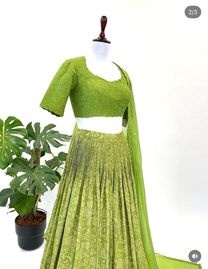 Leaf Green Kumri Skirt with Applique BLouse