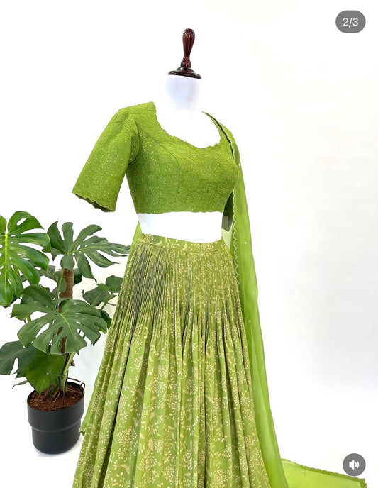 Leaf Green Kumri Skirt with Applique BLouse