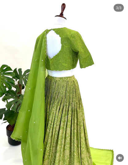 Leaf Green Kumri Skirt with Applique BLouse