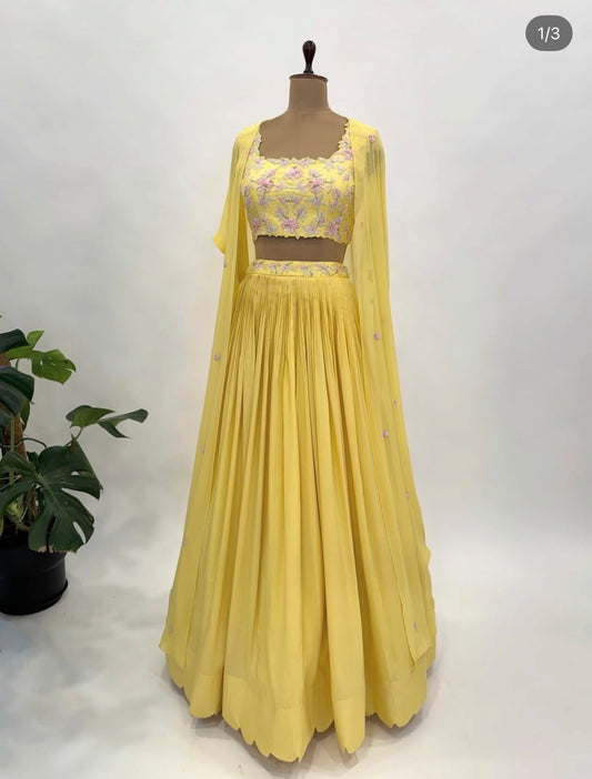 Yellow Multibead Skirt Cape Set