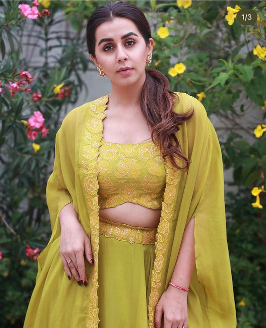 Green Applique Skirt Cape Set