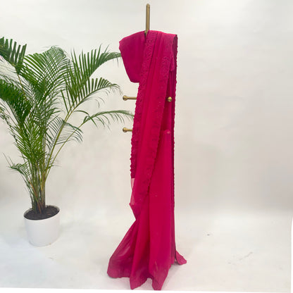 Redish Pink Applique Falling Organza Saree Set