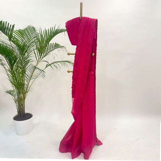 Redish Pink Applique Falling Organza Saree Set