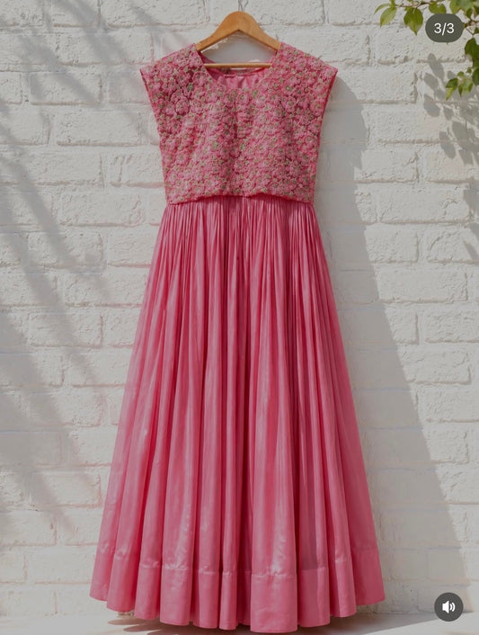 Rose Embroidered Powder Pink Floorlength