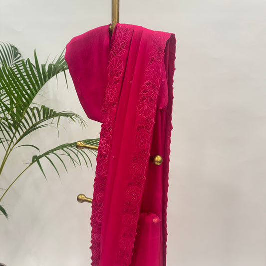 Redish Pink Applique Falling Organza Saree Set