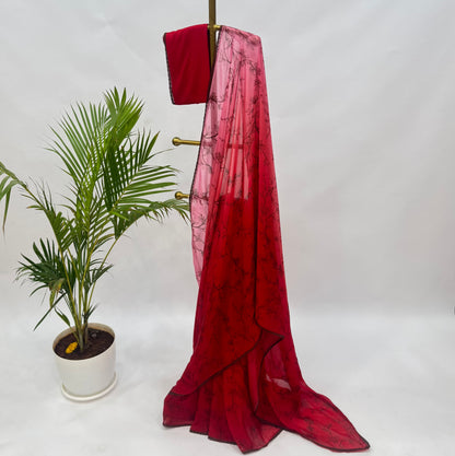 Red Gradient Foliole falling organza saree with lace