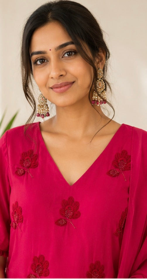 Pinkish Red georegtte Flowers Sharara set