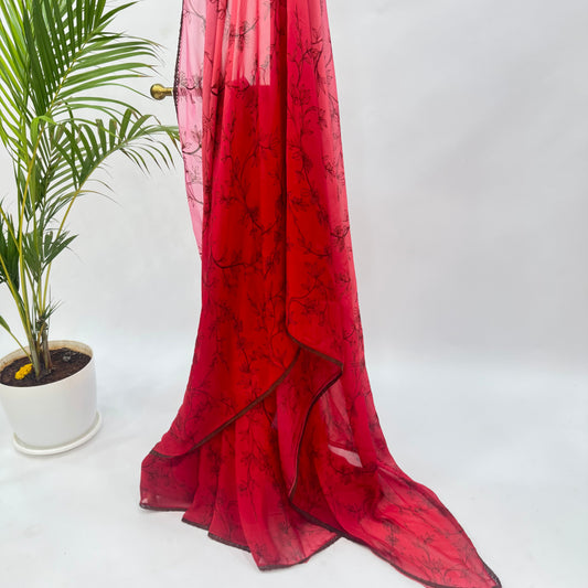 Red Gradient Foliole falling organza saree with lace