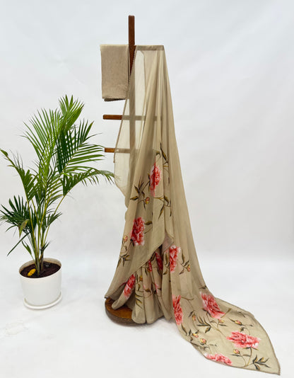 Safe Olive Peonia Falling organza saree with lace