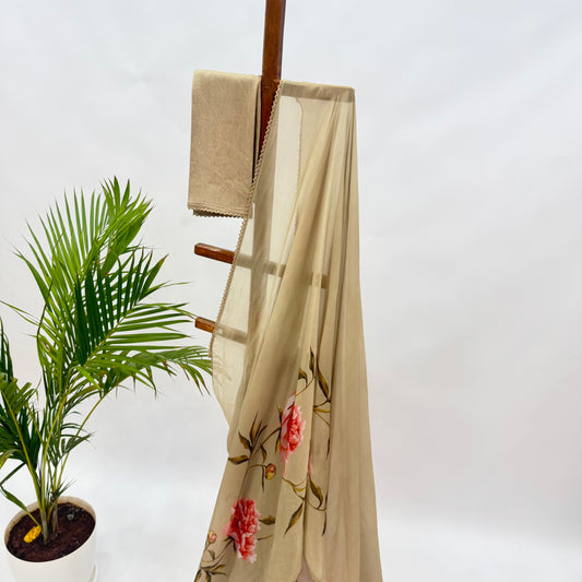 Sage Olive Peonia Falling organza saree with lace