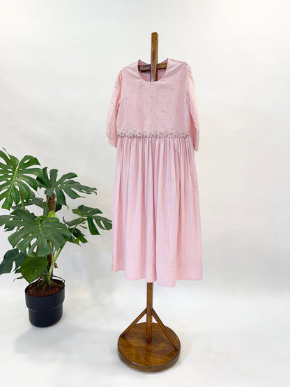 Pink Attached Jacket Knot Belt Cotton Dress