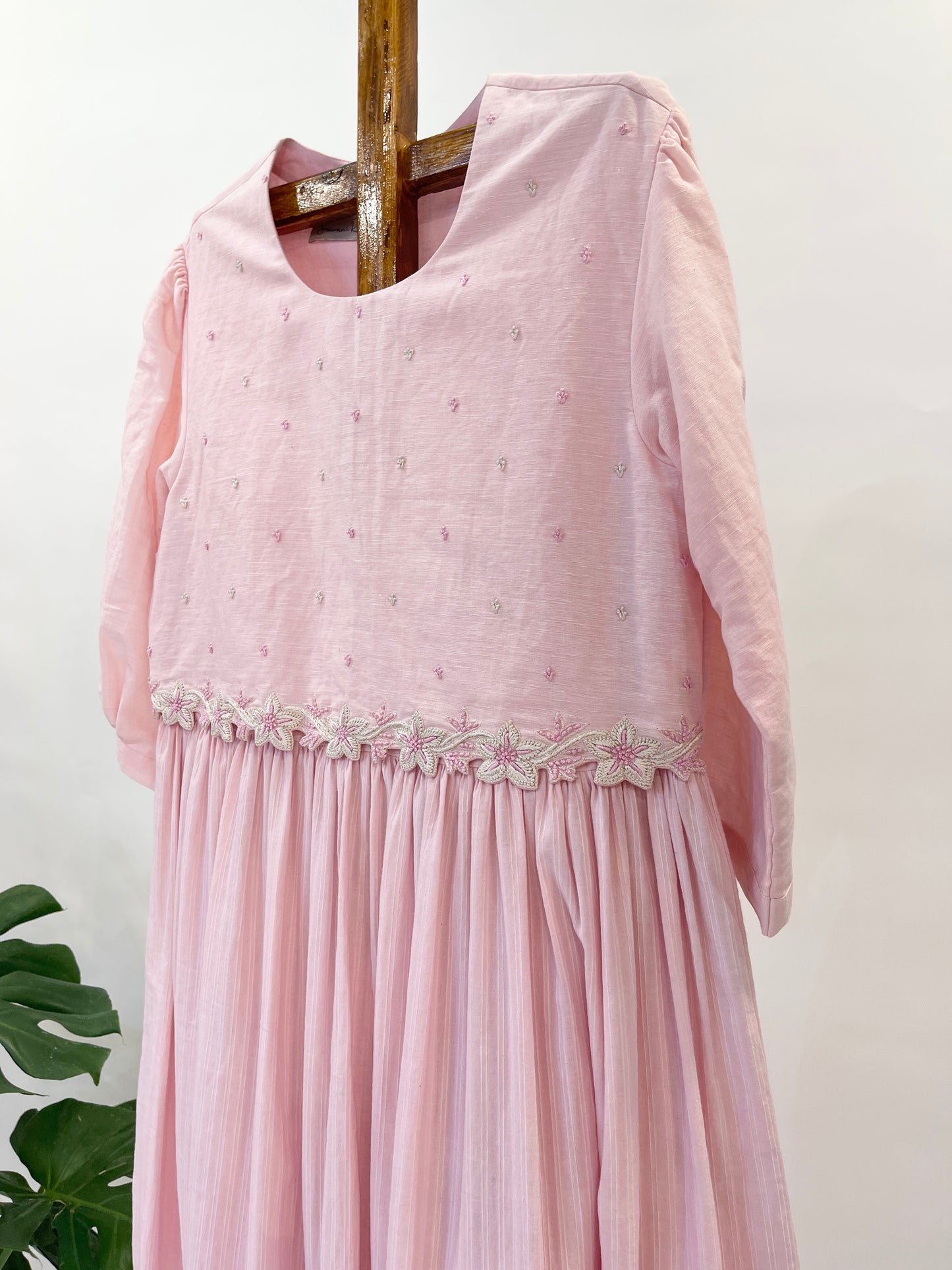 Pink Attached Jacket Knot Belt Cotton Dress