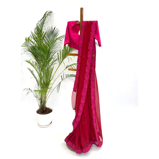Red Applique Falling Organza Saree Set