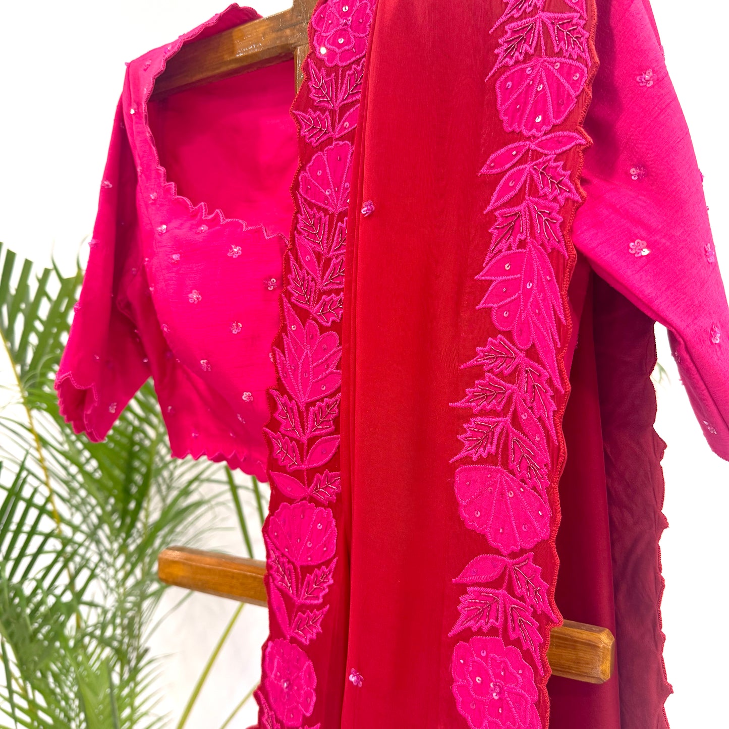 Red Applique Falling Organza Saree Set