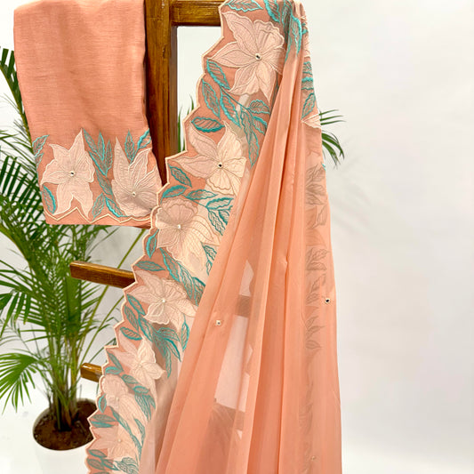 Peach VT Applique Border Falling Organza Saree