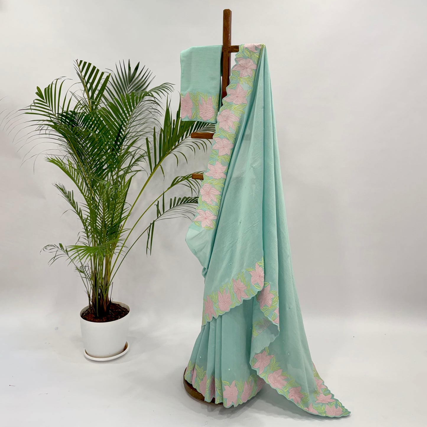 Aqua VT Applique Chanderi Silk Organza Saree