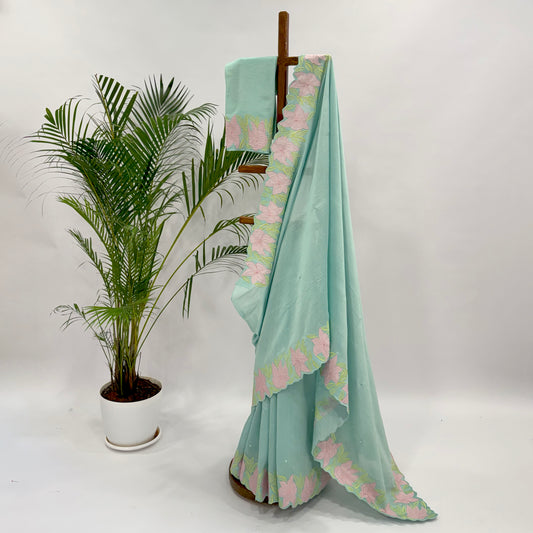 Aqua VT Applique Chanderi Silk Organza Saree