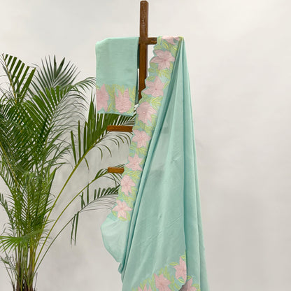 Aqua VT Applique Chanderi Silk Organza Saree