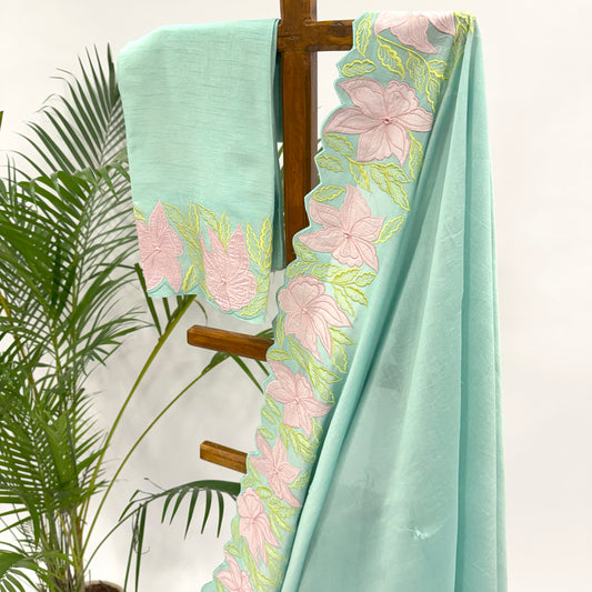 Aqua VT Applique Chanderi Silk Organza Saree