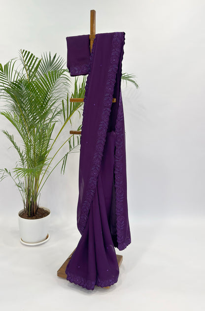 Purple Applique Falling Organza Saree Set