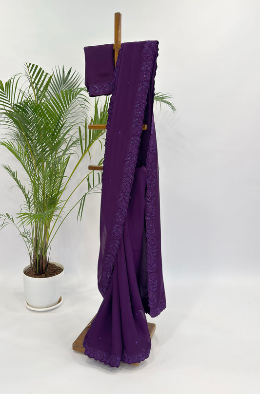 Purple Applique Falling Organza Saree Set