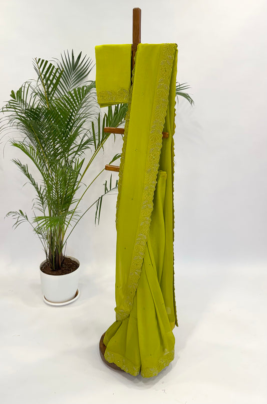 Green Applique Falling Organza Saree Set