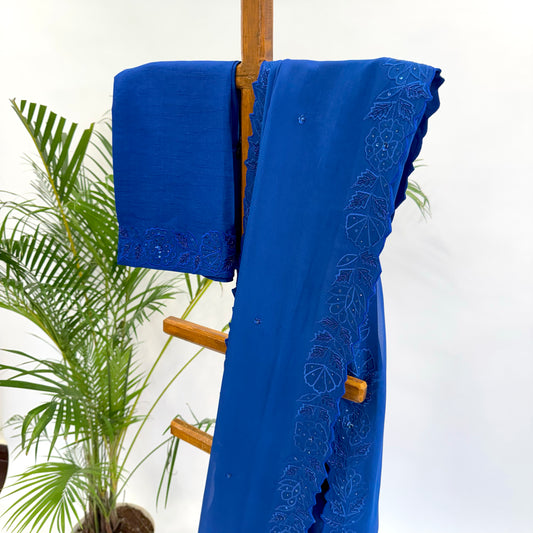 Shocking Blue Applique Falling Organza Saree Set
