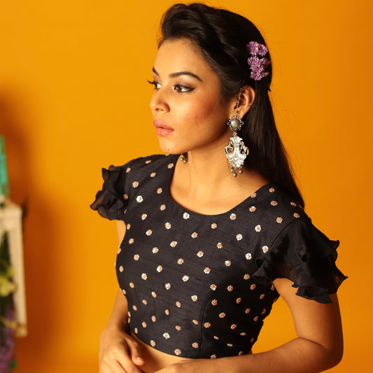 Black Sequin Knot Ruffle Sleeve Blouse