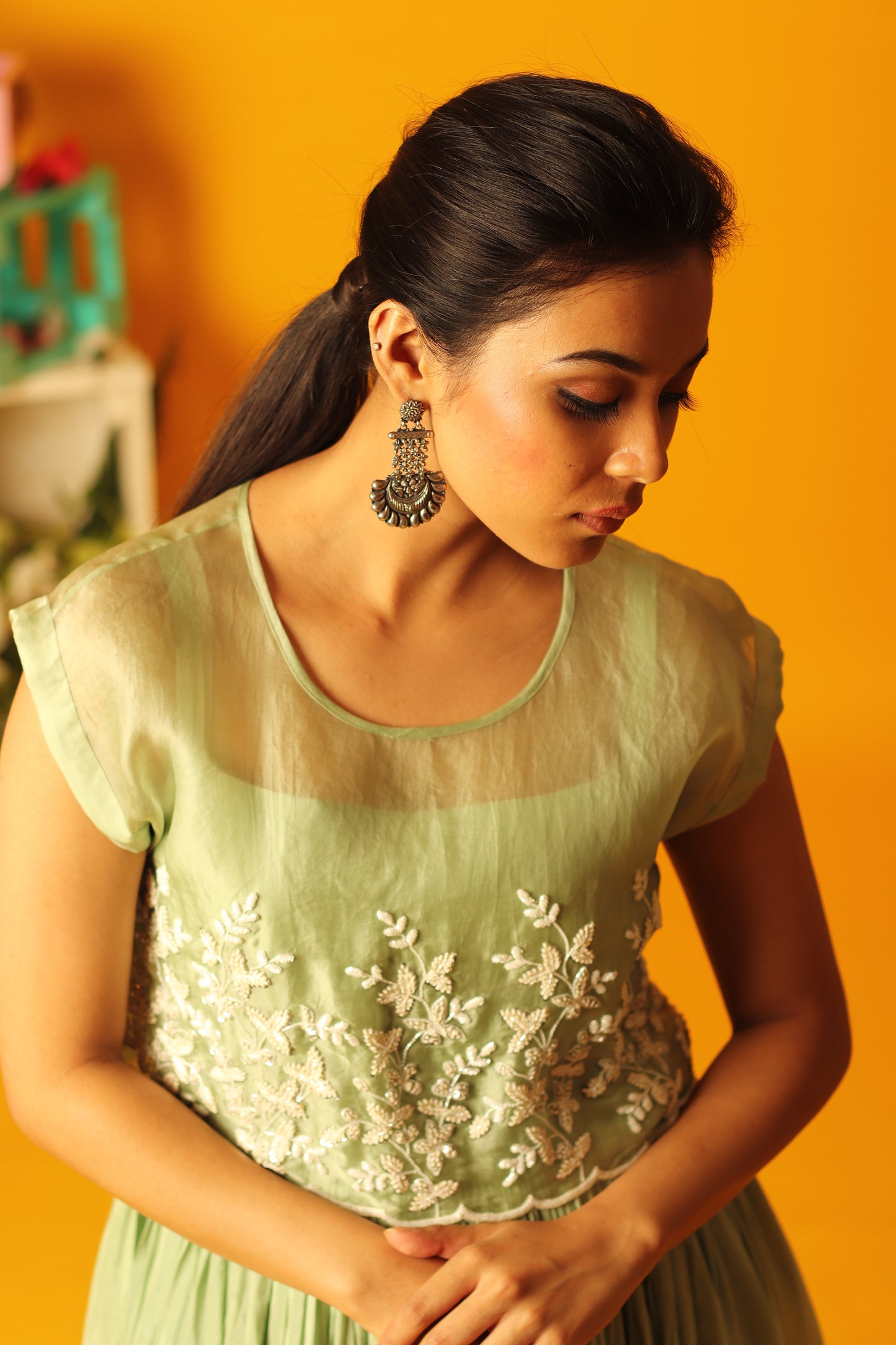 Mint Green Vinca Embroidered Tie Jakcet Floorlength