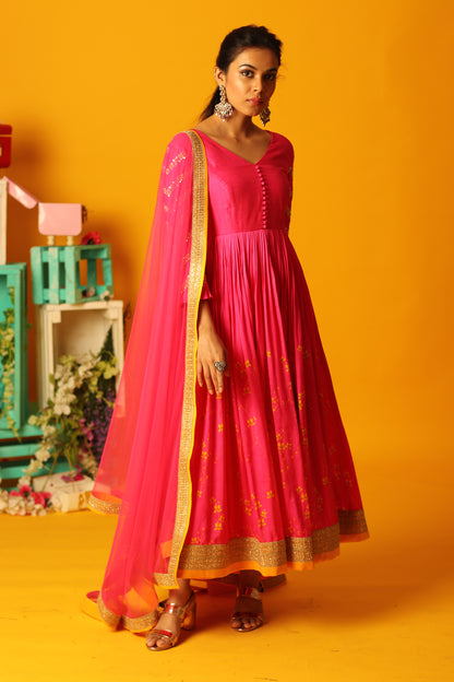Hot Pink Bloom Anarkali Set