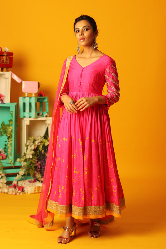 Hot Pink Bloom Anarkali Set
