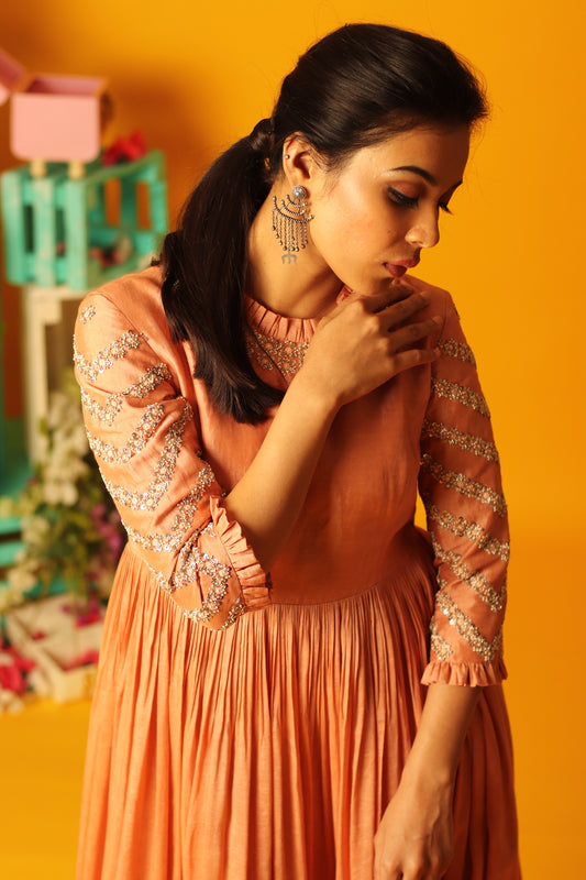 Rust Zig zag Embroidery Anarkali Set