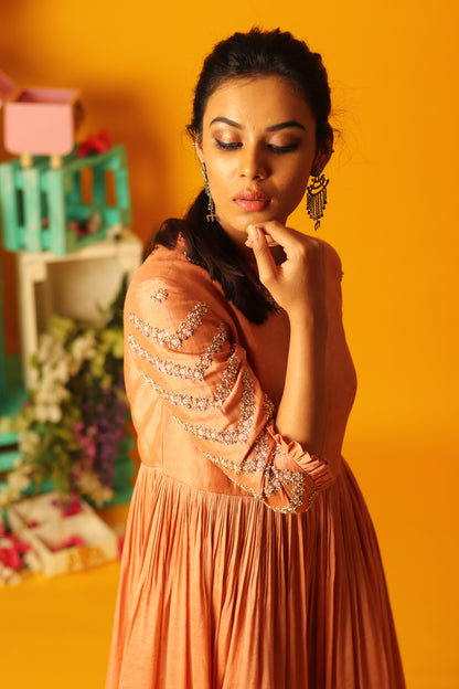 Rust Zig zag Embroidery Anarkali Set