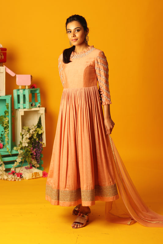 Rust Zig zag Embroidery Anarkali Set