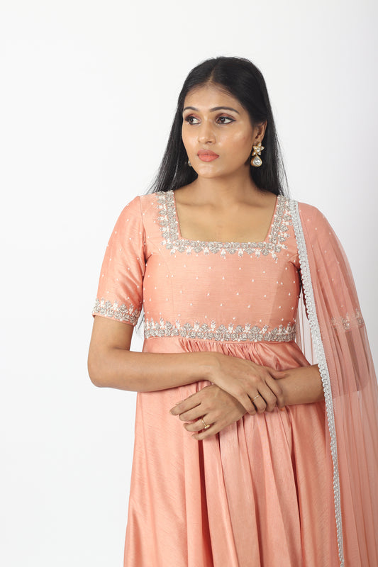 Peach knot Embroidery Anarkali