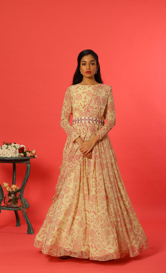 Mint Green Kumri Georgette Drape Floorlength with knot Embroidered Waist belt